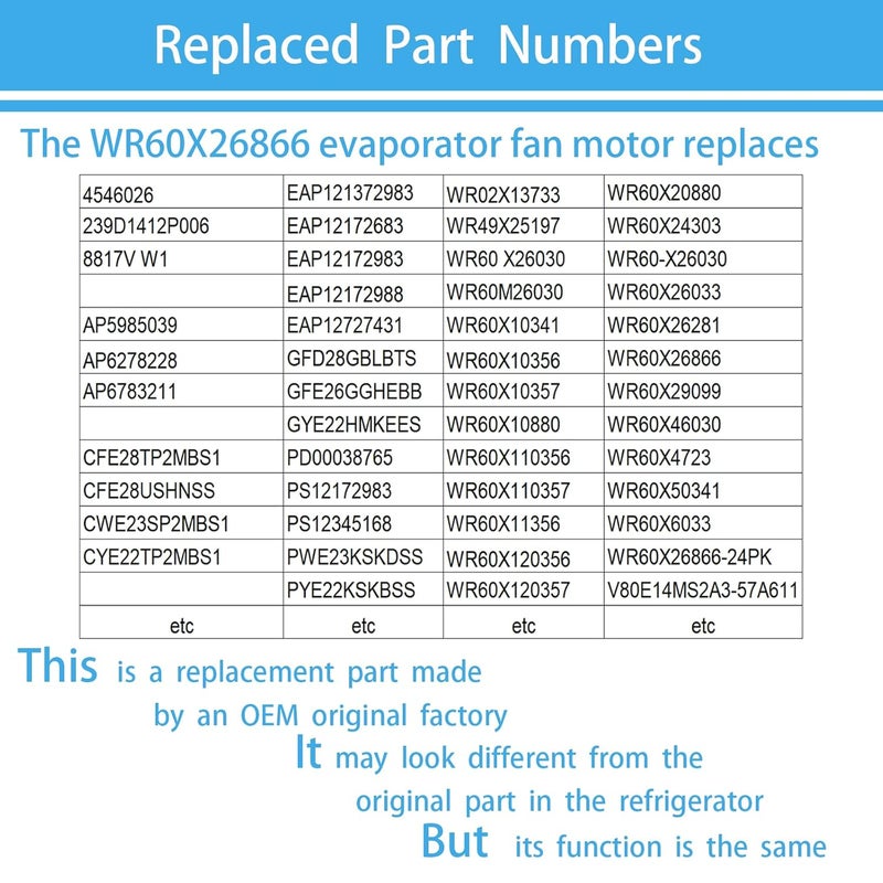 FCSTYODO 2025 Upgraded WR60X26866 Evaporator Fan Motor, Compatible with GE Refrigrator Parts, Replace V80E14MS2A3-57A611, WR60X26030, WR60X26033, WR60X10341, WR60X10356, WR60X10357 etc. - Image 4